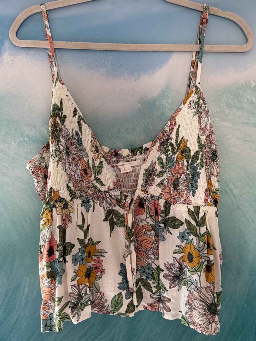 Oneill Floral Smocked V-Neck Cami Top - White Multi